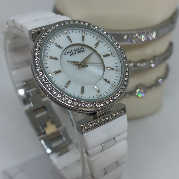 Anne Klein 12/2275SVST Women's 30mm White Ceramic Watch & Bracelet Set - Picture 4 of 12